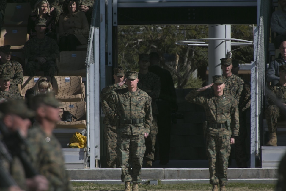 Col. William H. Vivian, commanding officer, and Col. Jay M. Bargeron, former commanding officer, 7th Marine Regiment, conduct a pass in review during the regiment’s change of command ceremony at Torrey L. Gray Field, Dec. 18, 2015. (Official Marine Corps photo by Lance Cpl. Thomas Mudd/Released)