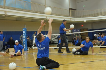 Wounded warriors participates in the Wounded Warriors sports camp, at Joint Base San Antonio-Randolph, Jan. 19, 2016. The camp, offered by the Air Force Wounded Warrior Program, featured a variety of physical activities: air rifle, air pistol and archery; cycling; sitting volleyball; swimming; wheelchair basketball and yoga.  (U.S. Air Force photo by Joel Martinez/Released)
