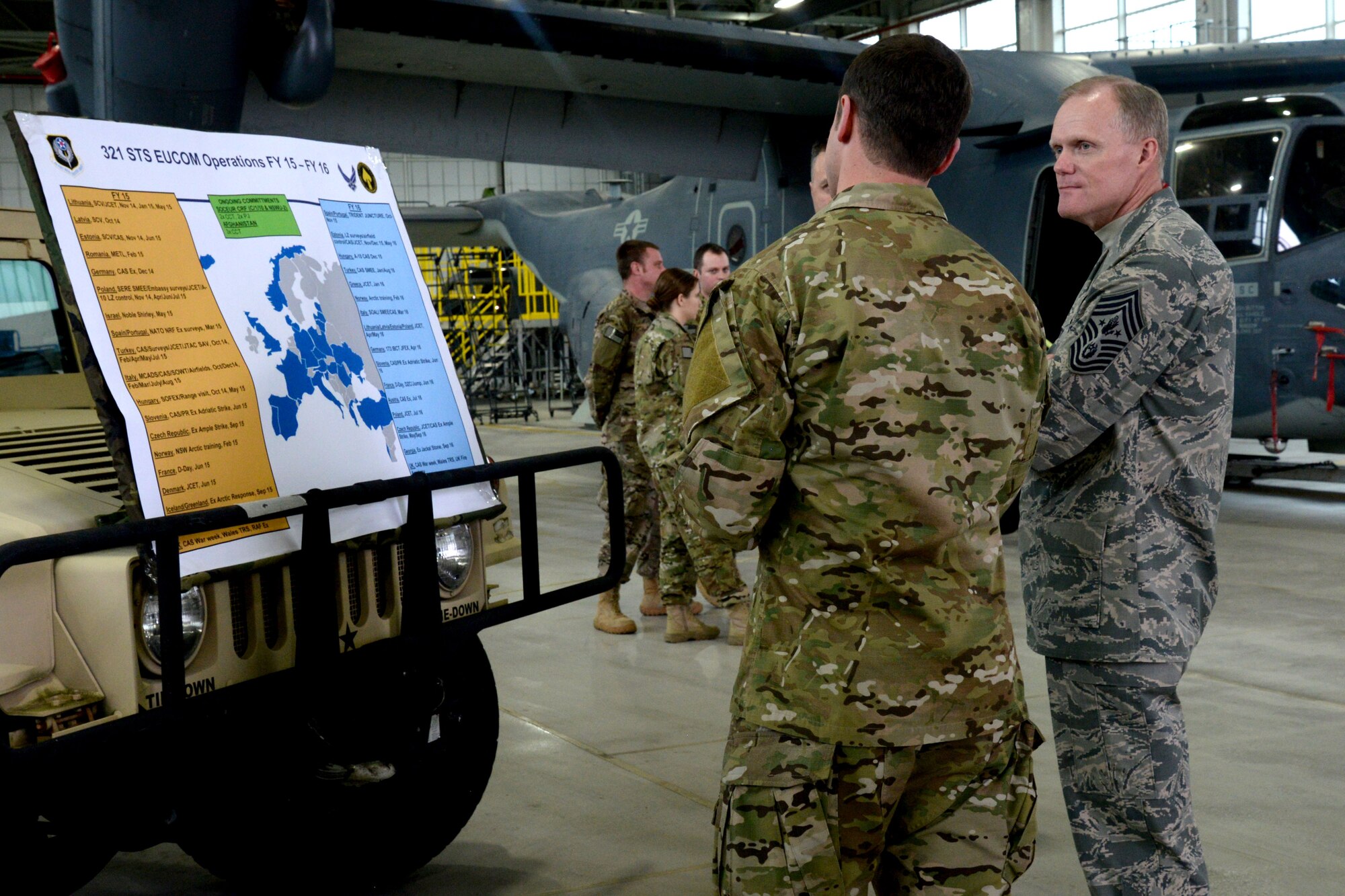 Chief Master Sgt. of the Air Force James Cody receives a mission brief of the 352d Special Operations Wing Jan. 27, 2016, on RAF Mildenhall, England. During his visit, Cody met with Airmen from various units to learn about their duties. (U.S. Air Force photo by Airman 1st Class Justine Rho/Released)