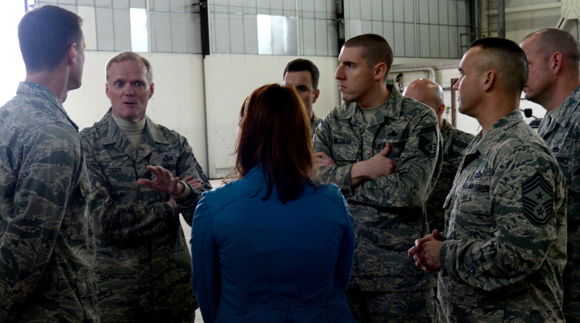 Chief Master Sgt. of the Air Force James Cody speaks with Airmen from the 352nd Special Operations Wing Jan. 27, 2016, on RAF Mildenhall, England. Cody toured the 352d Special Operations Wing, the 100th Maintenance Group and other squadrons on base.  (U.S. Air Force photo by Airman 1st Class Justine Rho/Released)