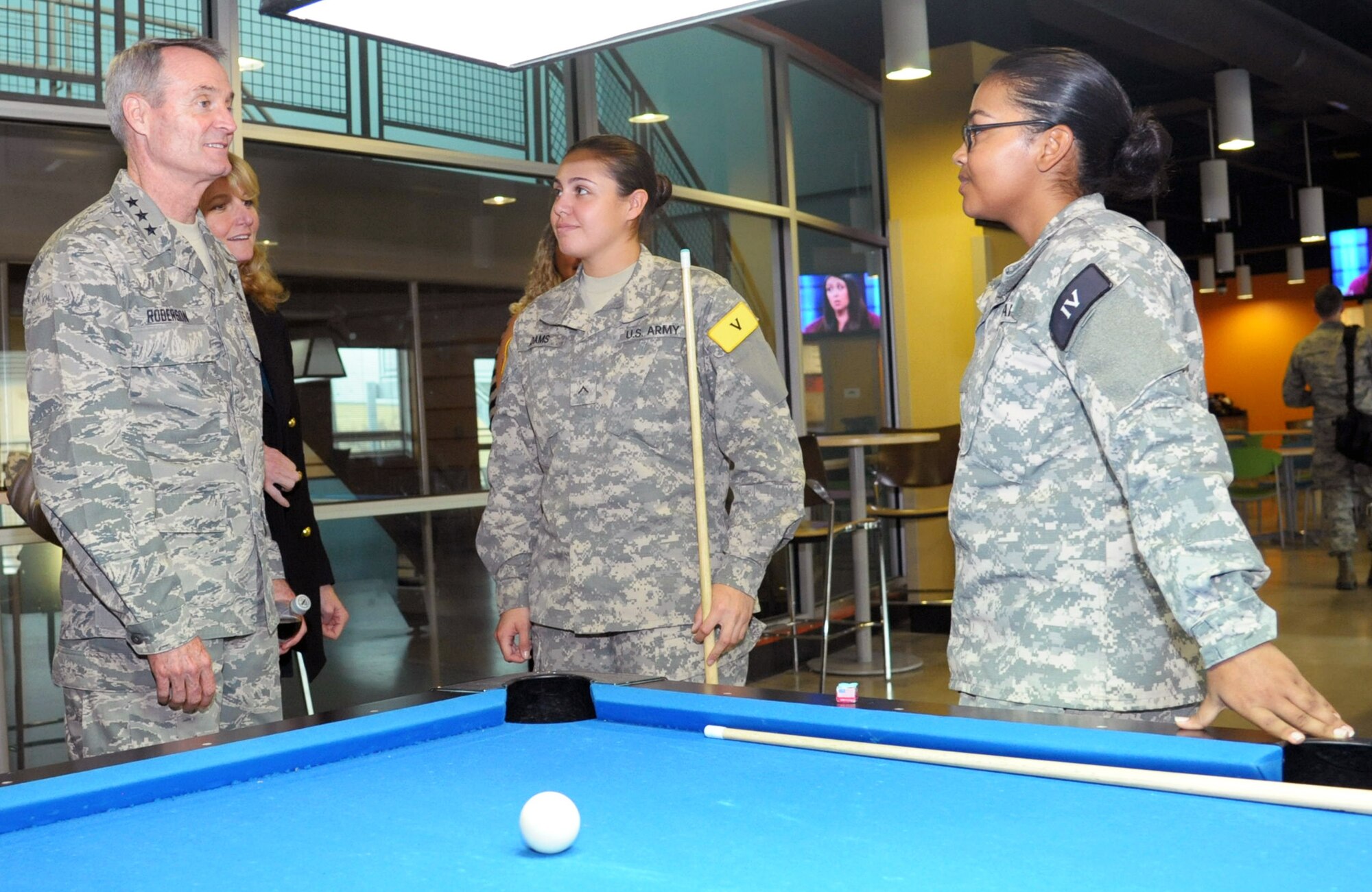 Lt. Gen. Darryl Roberson, commander of Air Education and Training Command, speaks to Soldiers during a tour of the Student Activities Center Jan. 20 at Joint Base San Antonio-Fort Sam Houston. The AETC commander, command chief master sergeant and their spouses were provided a 502nd Air Base Wing immersion tour across Joint Base San Antonio.