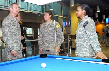 Lt. Gen. Darryl Roberson, commander of Air Education and Training Command, speaks to Soldiers during a tour of the Student Activities Center Jan. 20 at Joint Base San Antonio-Fort Sam Houston. The AETC commander, command chief master sergeant and their spouses were provided a 502nd Air Base Wing immersion tour across Joint Base San Antonio.