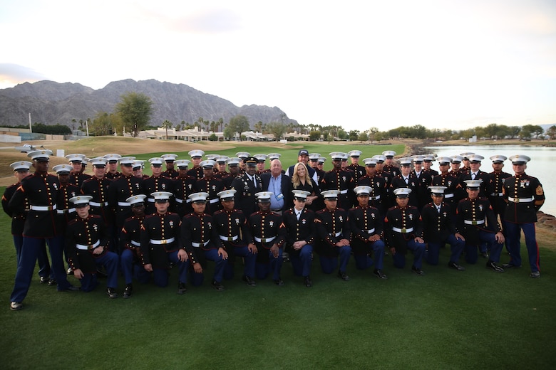 Marine Corps Communication-Electronics School Marines meet Phil Mickelson, professional golfer, and wife, Amy, along with U.S. Army Command Sgt. Maj. Patrick Alston, command senior enlisted leader, United States Strategic Command, during the Career Builder Challenge Military Appreciation Ceremony at the Tom Weiskopf Private Course located in the Professional Golfers Association of America Course West in La Quinta, Calif., Jan. 23, 2016. (Official Marine Corps photo by Cpl. Julio McGraw/ Released)