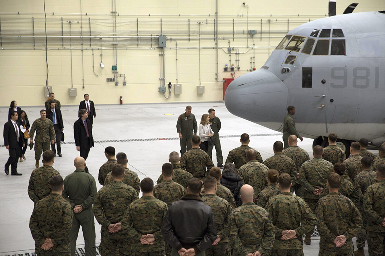 MARINE CORPS AIR STATION IWAKUNI, Japan (Jan. 28, 2016) - Ambassador Caroline Bouvier Kennedy, U.S. ambassador to Japan, speaks to Marines with Marine Aerial Refueler Transport Squadron 152 (VMGR-152).  This is Ambassador Kennedy's first official visit to Marine Corps Air Station Iwakuni. While at the squadron's hangar, Kennedy viewed a KC-130J Super Hercules, gaining an understanding on the multiple capabilities of the aircraft in the Pacific theater. This visit also helped the ambassador better understand MCAS Iwakuni's community and witness the ongoing transformation of the air station through the multitude of construction projects. 