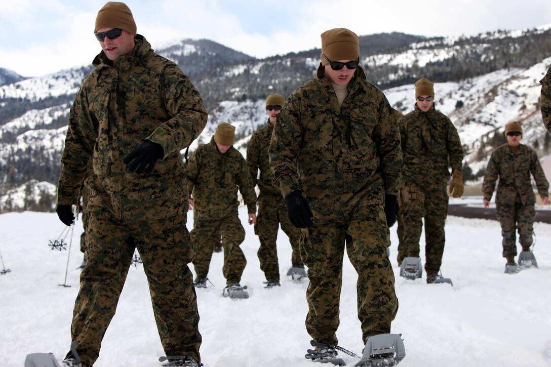 Sgt. Aaron Burke and Cpl. Dustin B. Moore use snow shoes for the first time in front of the Sierra Mountains during cold weather training at Marine Corps Mountain Warfare Training Center, Calif., Jan. 9, 2016. The cold weather training done in the Sierra Mountains is a warm-up to Exercise Cold Response 2016 in Norway. More than 800 Marines participated in the two-week-long exercise that taught basic mobility in snow, defensive and offensive tactics as well as basic cold weather and high altitude conditions training. 2nd Low Altitude Air Defense Battalion provides anti-air warfare support for the Marine Air Ground Task Force. Burke is the section leader for 2nd LAAD Bn.’s 1st platoon, B Battery and Moore is a team leader with 2nd LAAD Bn.’s B Battery. (U.S. Marine Corps photo by Cpl. Jason Jimenez/Released)