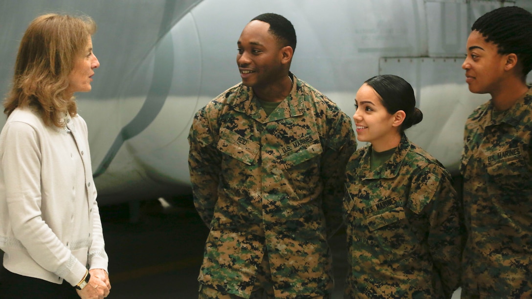 Caroline B. Kennedy, U.S. ambassador to Japan, speaks to Marines with Marine Aerial Refueler Transport Squadron 152 (VMGR-152) at Marine Corps Air Station Iwakuni, Japan, Jan. 28, 2016. This is Ambassador Kennedy’s first official visit to MCAS Iwakuni. While at the squadron’s hangar, Kennedy viewed a KC-130J Super Hercules aircraft, gaining an understanding on the multiple capabilities of the aircraft in the Pacific theater. This visit also helped the ambassador better understand MCAS Iwakuni’s community and witness the ongoing transformation of the air station through the multitude of construction projects. 