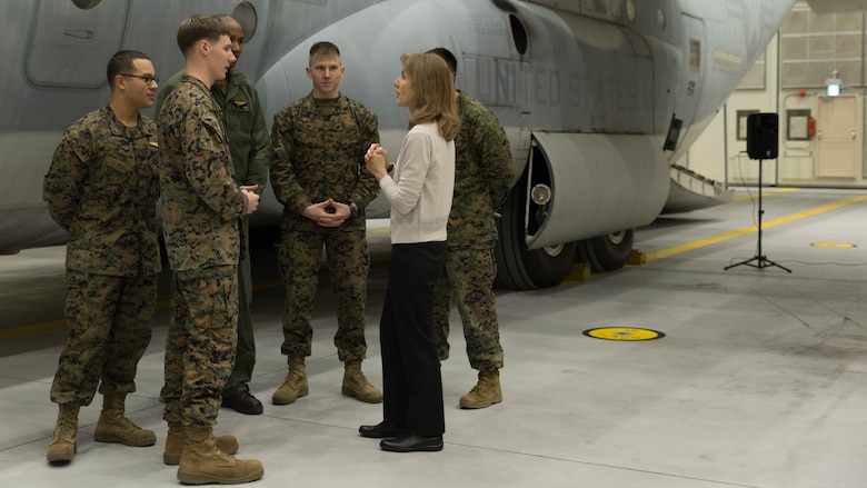 Caroline B. Kennedy, U.S. ambassador to Japan, speaks to Marines with Marine Aerial Refueler Transport Squadron 152 (VMGR-152) at Marine Corps Air Station Iwakuni, Japan, Jan. 28, 2016. This is Ambassador Kennedy’s first official visit to MCAS Iwakuni. While at the squadron’s hangar, Kennedy viewed a KC-130J Super Hercules aircraft, gaining an understanding on the multiple capabilities of the aircraft in the Pacific theater. This visit also helped the ambassador better understand MCAS Iwakuni’s community and witness the ongoing transformation of the air station through the multitude of construction projects. 