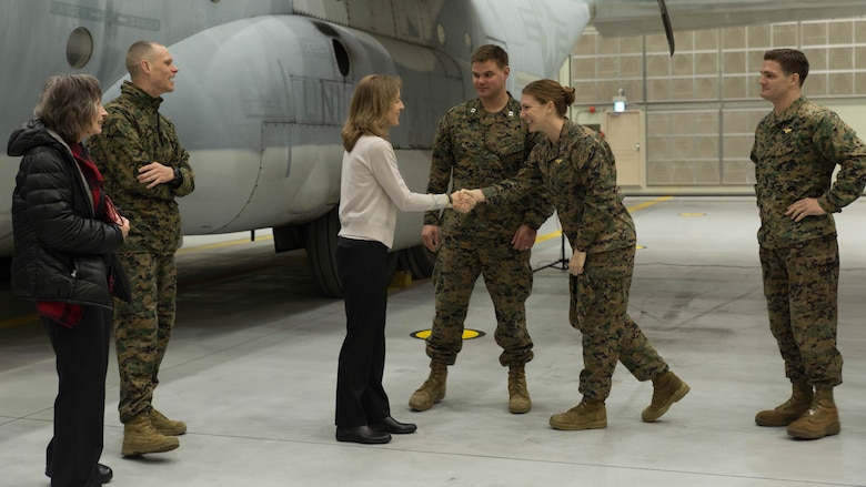 Caroline B. Kennedy, U.S. ambassador to Japan, speaks to Marines with Marine Aerial Refueler Transport Squadron 152 (VMGR-152) at Marine Corps Air Station Iwakuni, Japan, Jan. 28, 2016. This is Ambassador Kennedy’s first official visit to MCAS Iwakuni. While at the squadron’s hangar, Kennedy viewed a KC-130J Super Hercules aircraft, gaining an understanding on the multiple capabilities of the aircraft in the Pacific theater. This visit also helped the ambassador better understand MCAS Iwakuni’s community and witness the ongoing transformation of the air station through the multitude of construction projects.
