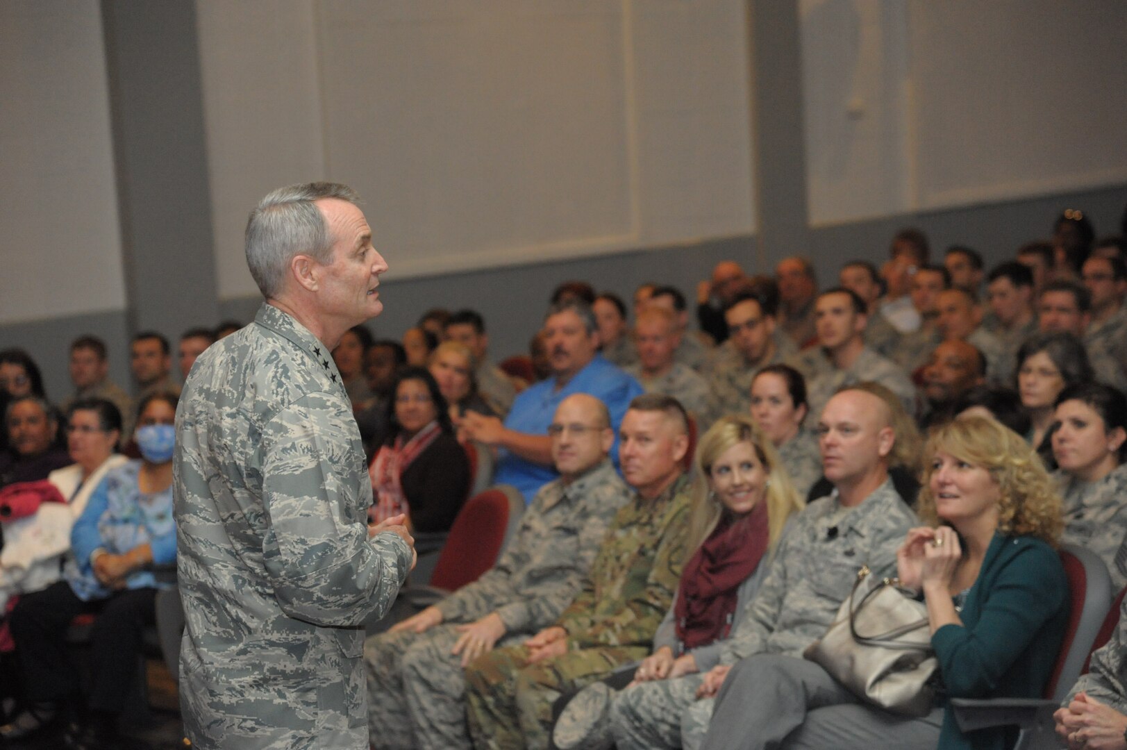 Lt. Gen. Darryl Roberson, Commander of Air Education and Training Command, briefs members of the 502nd Air Base Wing during an all call at the Bob Hope Theater Jan. 21, Joint Base San Antonio-Lackland.  Roberson was provided a 502nd ABW immersion tour where he visited units throughout JBSA-Randolph, Lackland and Fort Sam Houston, Jan. 20-22.  The 502nd ABW is responsible for installation support across all JBSA locations.  (U.S. Air Force photo by Joel Martinez)