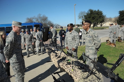 Senior Airman Reshawn Hill (left) and Technical Sgt. Jermaine, 802nd Security Forces Squadron security forces specialists, briefs Lt. Gen. Darryl Roberson, Commander of Air Education and Training Command, on the different weapons systems they employ at the 802nd SFS Jan. 21, Joint Base San Antonio-Lackland.  Roberson was provided a 502nd Air Base Wing immersion tour where he visited units throughout JBSA-Randolph, Lackland and Fort Sam Houston, Jan. 20-22.  The 502nd ABW is responsible for installation support across all JBSA locations.  (U.S. Air Force photo by Joel Martinez)