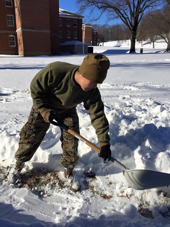 LCpl Vanessa Landeros, MMOA, has volunteered to help the Snow Shovel Brigade.