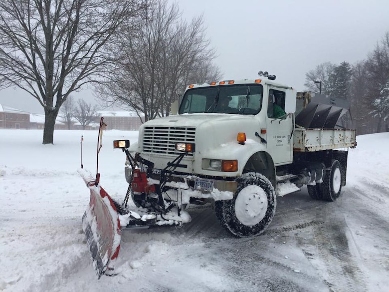 Cpl Calehan and LCpl Rice with TBS are assigned to help clear roads on Jan. 23 aboard MCB Quantico. Although the roads are doing well, it is still expected to keep snowing until this evening and snow plows should keep going through constantly.
