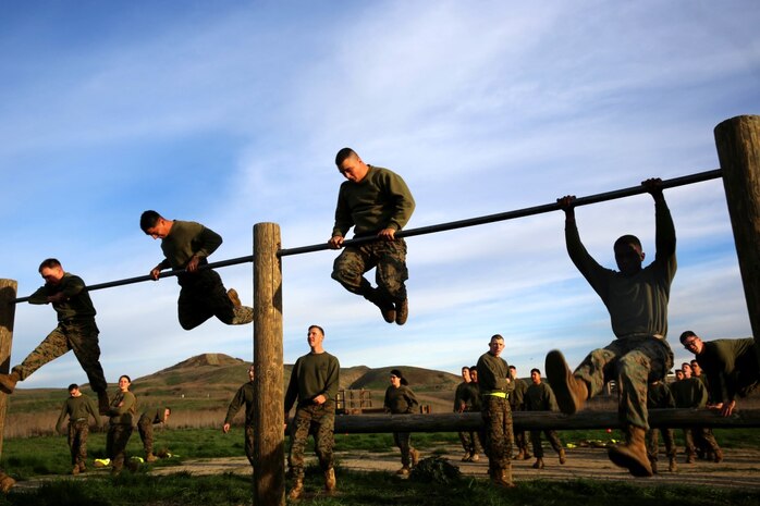 Marines race through the obstacle course during a Headquarters Battalion, 1st Marine Division Lance Corporal Leadership and Ethics Seminar combat conditioning session aboard Marine Corps Base Camp Pendleton, Calif., Jan. 27, 2016. The week-long seminar focuses on preparing lance corporals physically and mentally to become successful noncommissioned officers, while building the foundation for the more difficult residential courses like Corporals Course and Sergeants Course.
