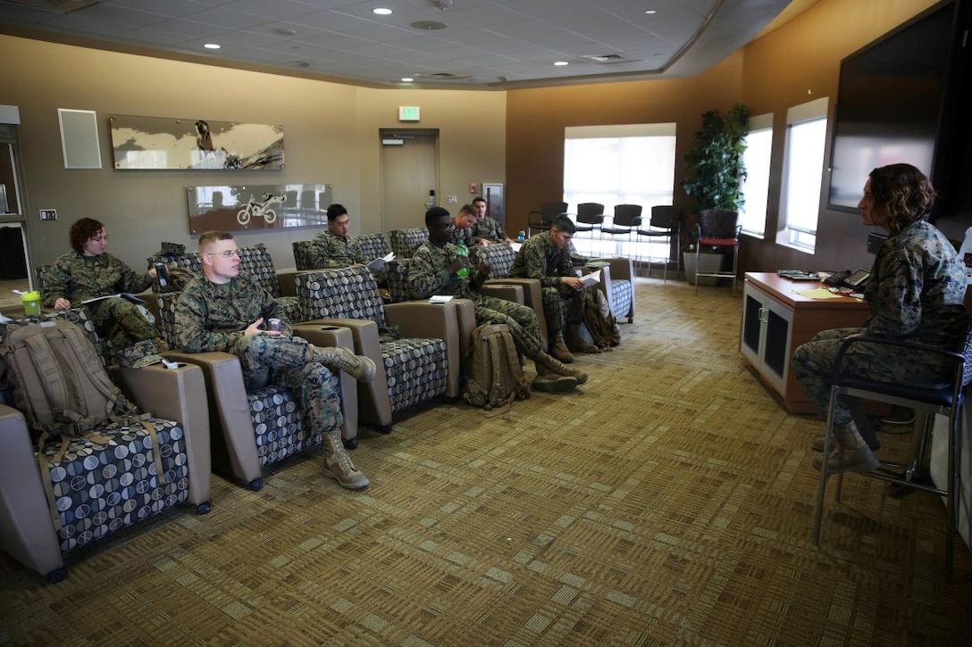 Marine students conduct a guided discussion during the Headquarters Battalion, 1st Marine Division Lance Corporal Leadership and Ethics Seminar aboard Marine Corps Base Camp Pendleton, Calif., Jan. 27, 2016. Lance Corporal Leadership and Ethics Seminar recently became a mandatory requirement for junior Marines looking to become noncommissioned officers, and its resident curriculum supplements the previously required, online-only Leading Marines Marine Net course.