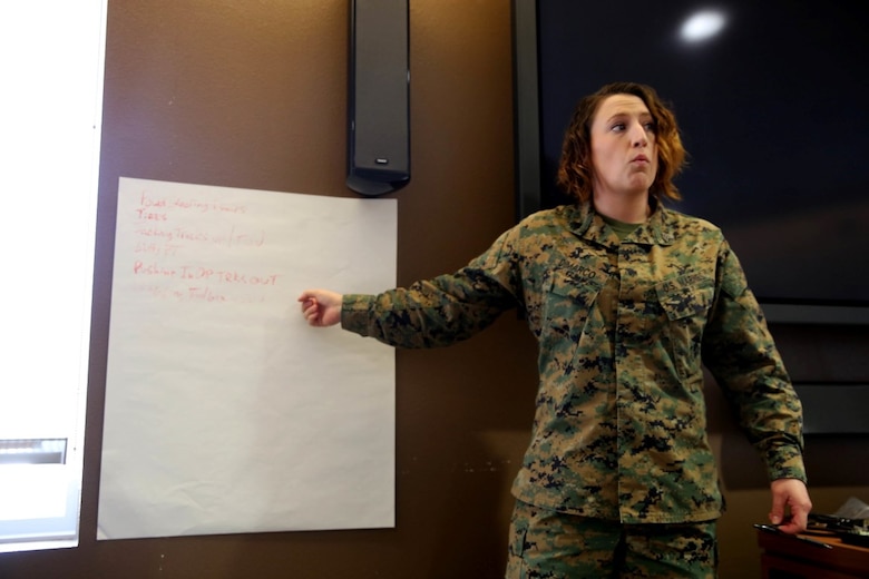 Sergeant Jessica Dimarco, an instructor of the Headquarters Battalion, 1st Marine Division Lance Corporal Leadership and Ethics Seminar, leads a period of instruction on physical challenges aboard Marine Corps Base Camp Pendleton, Calif., Jan. 27, 2016. Lance Corporal Leadership and Ethics Seminar recently became a mandatory requirement for junior Marines looking to become noncommissioned officers, and its resident curriculum supplements the previously required, online-only Leading Marines Marine Net course.