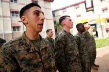 Marines sing the Marines' Hymn after a guided discussion during the Headquarters Battalion, 1st Marine Division Lance Corporal Leadership and Ethics Seminar, aboard Marine Corps Base Camp Pendleton, Calif., Jan. 27, 2016. Lance Corporal Leadership and Ethics Seminar recently became a mandatory requirement for junior Marines looking to become noncommissioned officers, and its resident curriculum supplements the previously required, online-only Leading Marines Marine Net course.