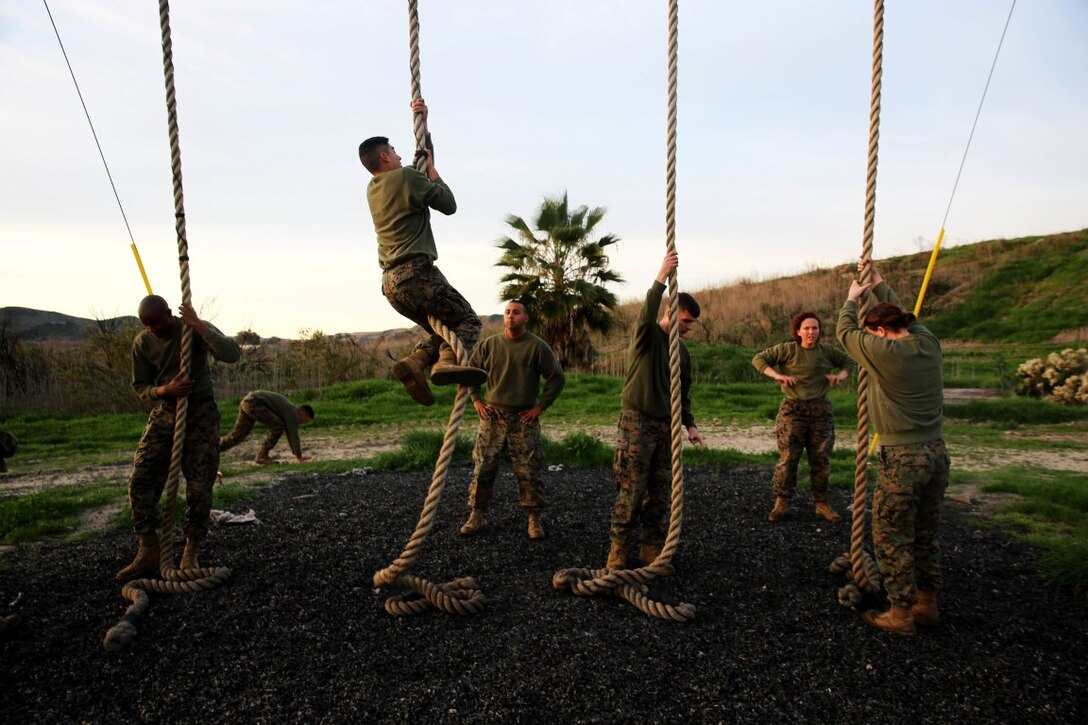 Marines with Headquarters Battalion, 1st Marine Division climb ropes during a Lance Corporal Leadership and Ethics Seminar combat conditioning session aboard Marine Corps Base Camp Pendleton, Calif., Jan. 27, 2016. The week-long seminar focuses on preparing lance corporals physically and mentally to become successful noncommissioned officers, while building the foundation for the more difficult residential courses like Corporals Course and Sergeants Course.