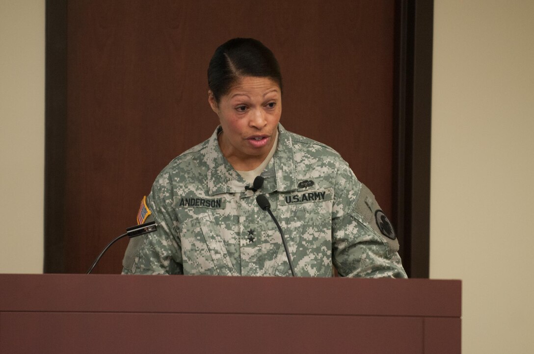 Maj. Gen. Marcia M. Anderson, the Deputy Chief, U.S. Army Reserve, was the guest speaker at a Women's History month observance at the U.S. Army Reserve Command headquarters at Fort Bragg, N.C., March 25, 2014. Anderson, the Army's first African American female major general highlighted the accomplishments of women dating back to the Revolutionary War and the current evaluation process of opening previously closed military occupations to women. (U.S. Army photo by Timothy L. Hale/Released)