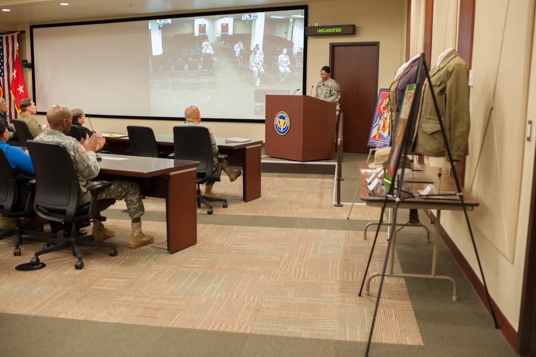 Maj. Gen. Marcia M. Anderson, the Deputy Chief, U.S. Army Reserve, was the guest speaker at a Women's History month observance at the U.S. Army Reserve Command headquarters at Fort Bragg, N.C., March 25, 2014. Anderson, the Army's first African American female major general highlighted the accomplishments of women dating back to the Revolutionary War and the current evaluation process of opening previously closed military occupations to women. (U.S. Army photo by Timothy L. Hale/Released)