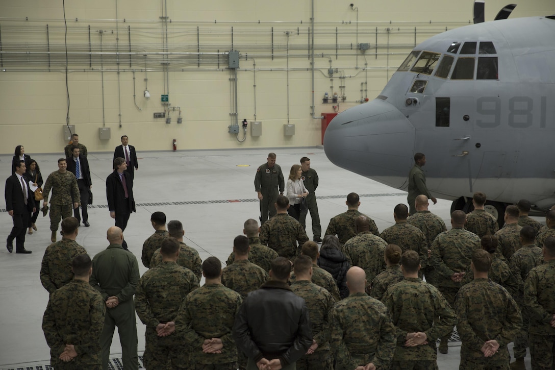 Ambassador Caroline Bouvier Kennedy, U.S. ambassador to Japan, speaks to Marines with Marine Aerial Refueler Transport Squadron 152 (VMGR-152) at Marine Corps Air Station Iwakuni, Japan, Jan. 28, 2016. This is Ambassador Kennedy’s first official visit to MCAS Iwakuni. While at the squadron’s hangar, Kennedy viewed a KC-130J Super Hercules, gaining an understanding on the multiple capabilities of the aircraft in the Pacific theater. This visit also helped the ambassador better understand MCAS Iwakuni’s community and witness the ongoing transformation of the air station through the multitude of construction projects. 