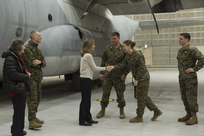 Ambassador Caroline Bouvier Kennedy, U.S. ambassador to Japan, speaks to Marines with Marine Aerial Refueler Transport Squadron 152 (VMGR-152) at Marine Corps Air Station Iwakuni, Japan, Jan. 28, 2016. This is Ambassador Kennedy’s first official visit to MCAS Iwakuni. While at the squadron’s hangar, Kennedy viewed a KC-130J Super Hercules, gaining an understanding on the multiple capabilities of the aircraft in the Pacific theater. This visit also helped the ambassador better understand MCAS Iwakuni’s community and witness the ongoing transformation of the air station through the multitude of construction projects.