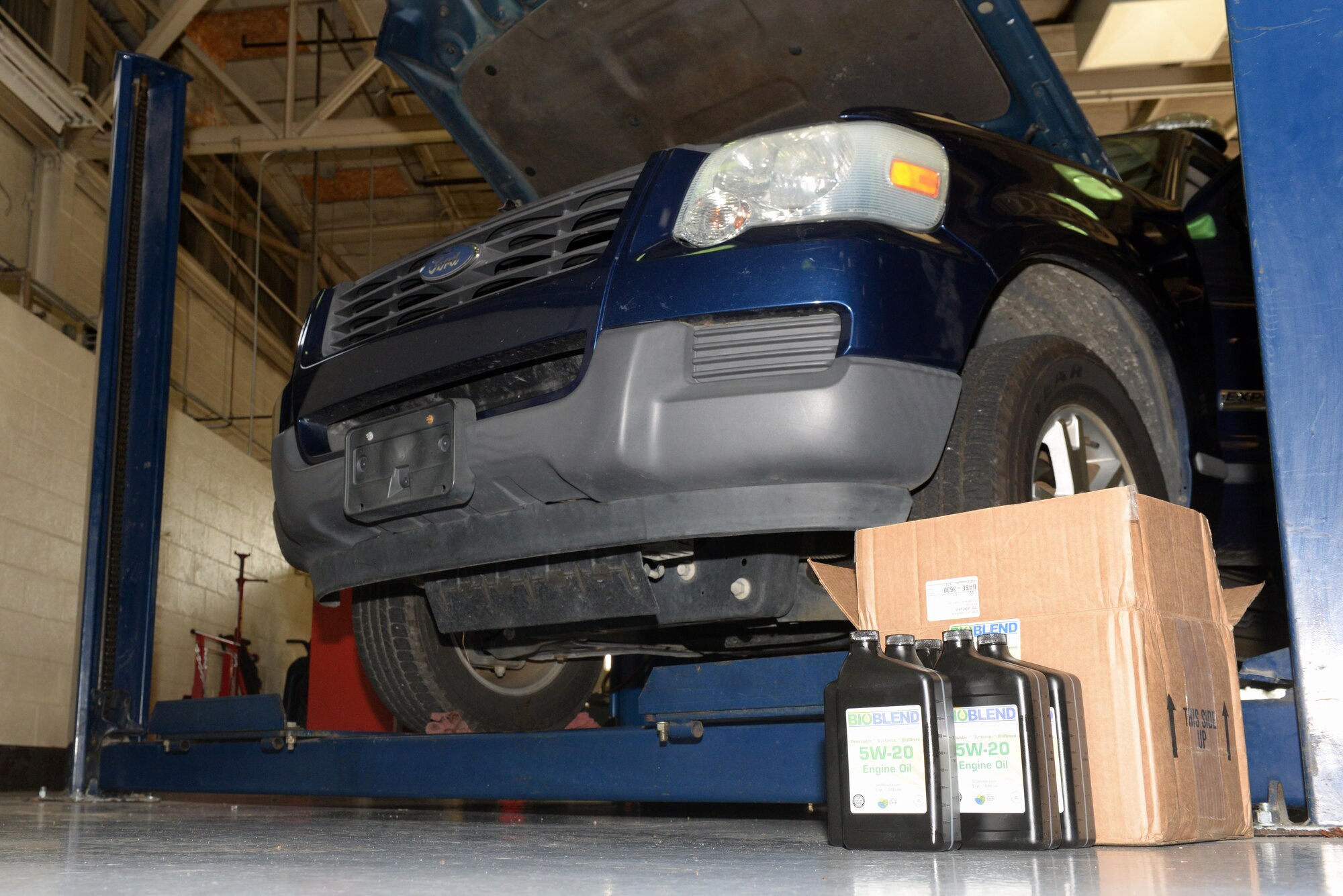 Seymour Johnson Air Force Base government owned vehicles are being used for testing to ensure the new biobased oil meets the Air Force instruction requirement for oil changes, Jan. 26, 2016, at Seymour Johnson AFB, North Carolina. The current standard is 7,500 miles or 18 months; the oil lasts up to 10,000 miles. (U.S. Air Force photo/Airman 1st Class Ashley Williamson)