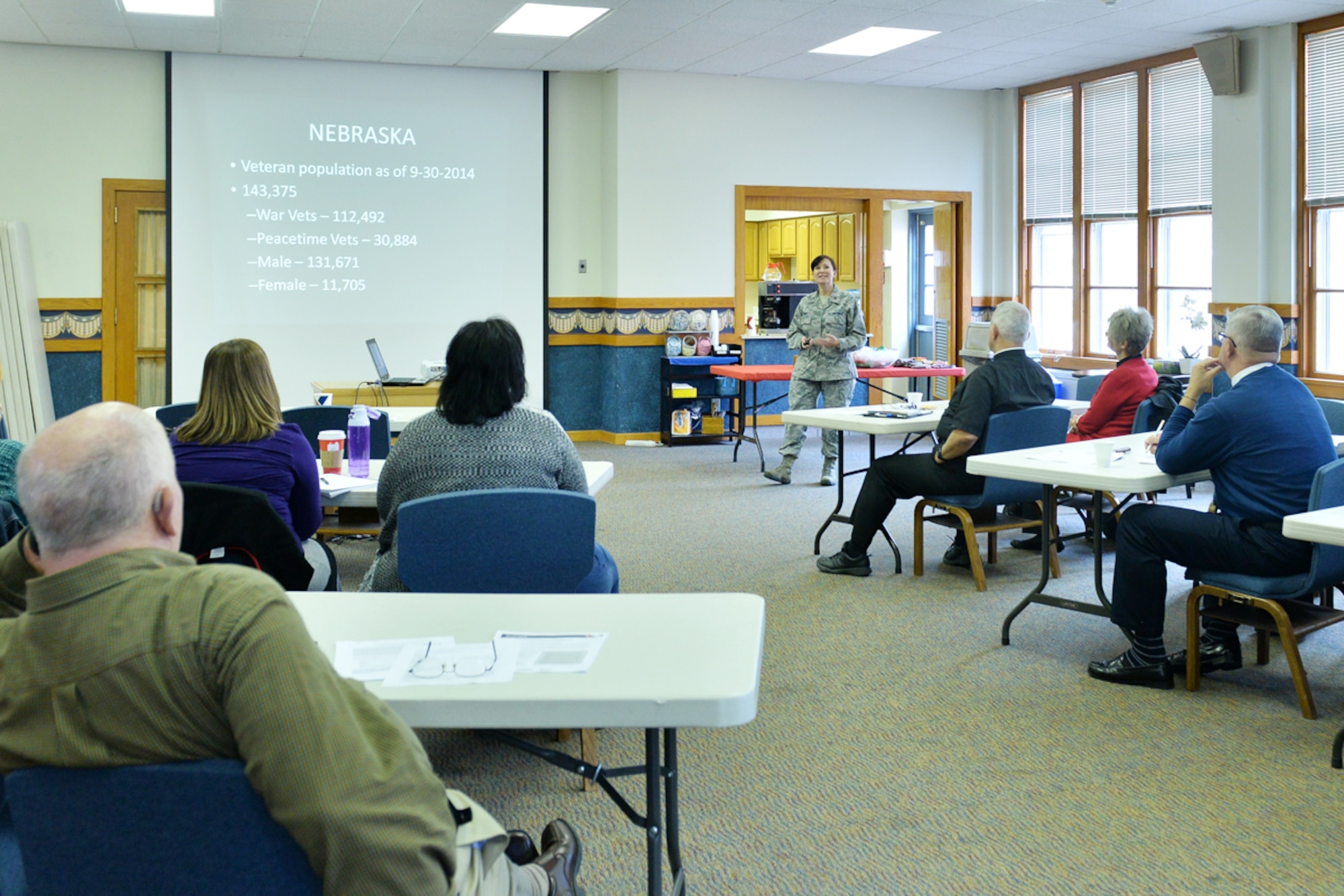 U.S. Air Force Maj. Shauna Crim, 55th Medical Operations Squadron mental health flight commander, shares information about preventing suicides to a crowd filled with local pastors and other representatives from various state departments during a Suicide Awareness and Intervention Training event at the SAC chapel on Offutt AFB, Neb., Nov. 10, 2016. In 2014 Veteran Affairs Suicide Update listed a decrease in suicide rates for Veterans who receive VA Care.