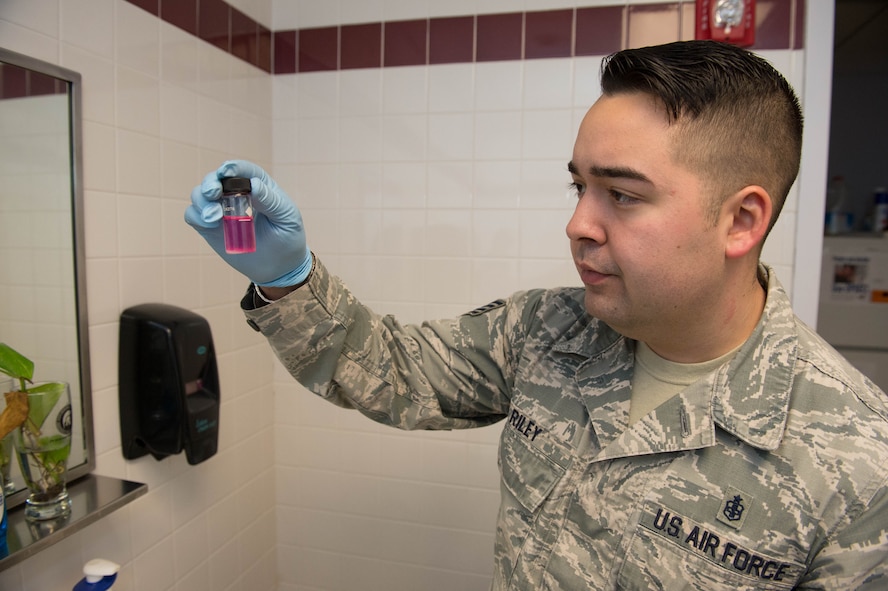 Staff Sgt. Richard Riley, Bioenvironmental Engineering craftsman, conducts a routine water quality test at Hanscom Air Force Base, Mass., Jan. 26. In observance of Biomedical Sciences Corps Appreciation Week, the 66th Medical Squadron is celebrating both clinical and non-clinical BSC career fields January 25 through 29. (U.S. Air Force photo by Jerry Saslav)
