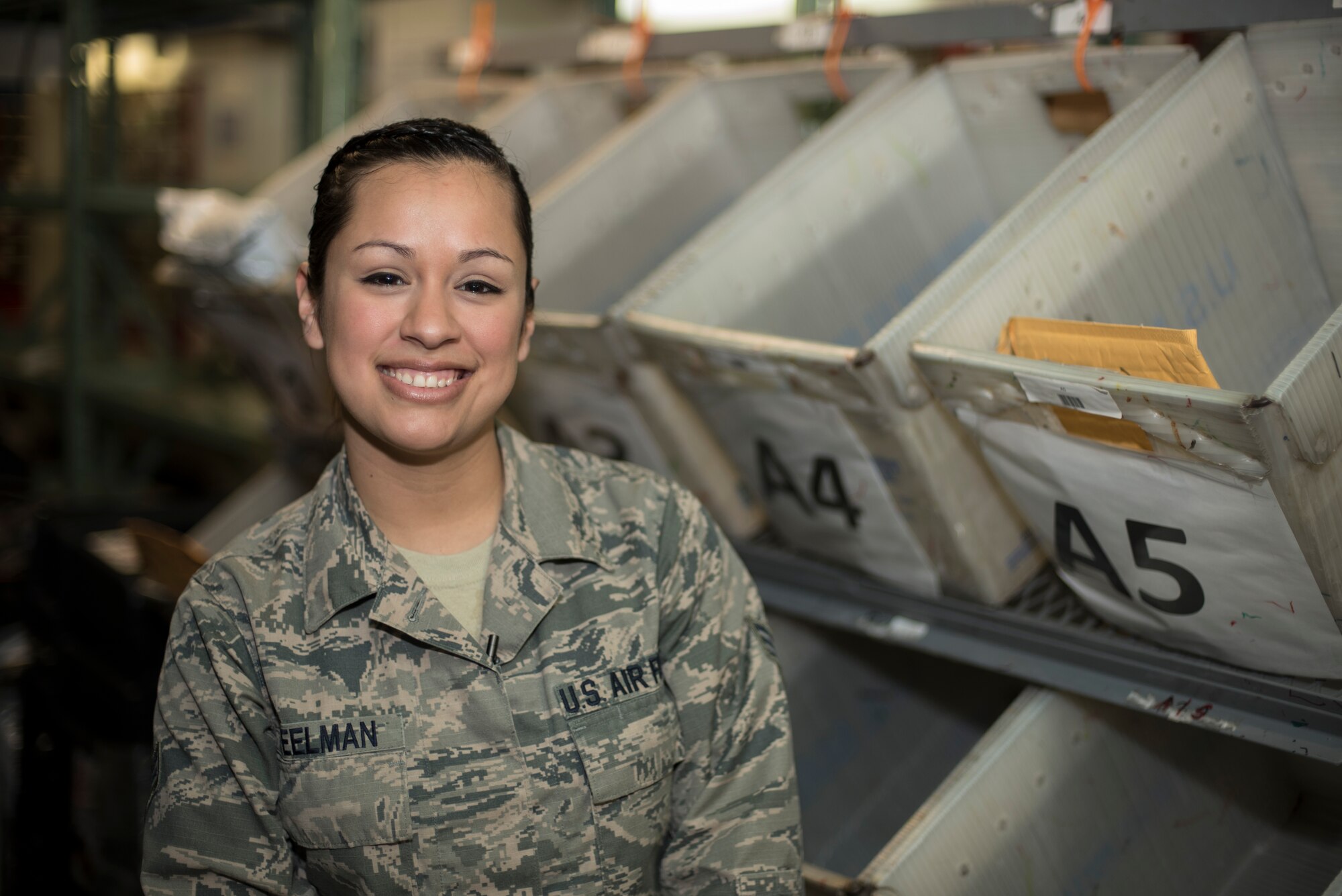 U.S. Air Force Senior Airman Maria Steelman, a postal clerk with the 35th Communications Squadron, poses for a picture at Misawa Air Base, Japan, Jan. 27, 2016. Steelman was chosen for Wild Weasel of the Week based on superior performance, outstanding work ethic and overall good conduct and discipline. (U.S. Air Force photo by U.S. Air Force photo by Senior Airman Brittany A. Chase)
