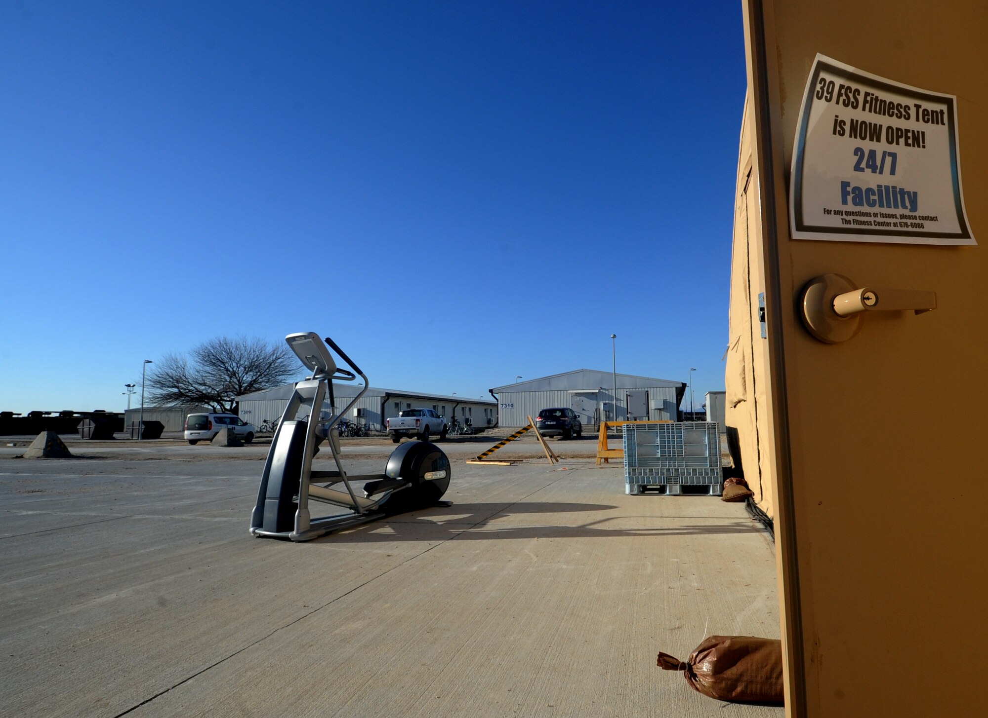 Fitness equipment sits outside of the newly constructed Patriot Village fitness facility Jan, 27, 2016, on Incirlik Air Base, Turkey. The facility allows deployed members to work out at a convenient location close to their living quarters. (U.S. Air Force photo by Airman 1st Class Daniel Lile/Released)