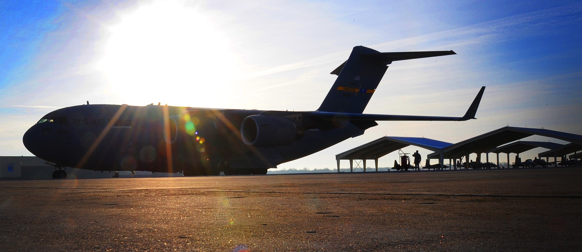 During preparation for a combat search and rescue exercise, a U.S. Air Force C-17 Globemaster III, assigned to the 437th Airlift Wing at Joint Base Charleston, S.C., sits on the flightline at Whiteman Air Force Base, Mo., Jan. 24, 2016. The aircraft was loaded with more than 80 personnel from the 442d Fighter Wing who, in conjunction with their wing’s A-10 Thunderbolt II aircraft, will provide close air support during the exercise at Patrick AFB, Fla. (U.S. Air Force photo by Airman 1st Class Michaela R. Slanchik)
