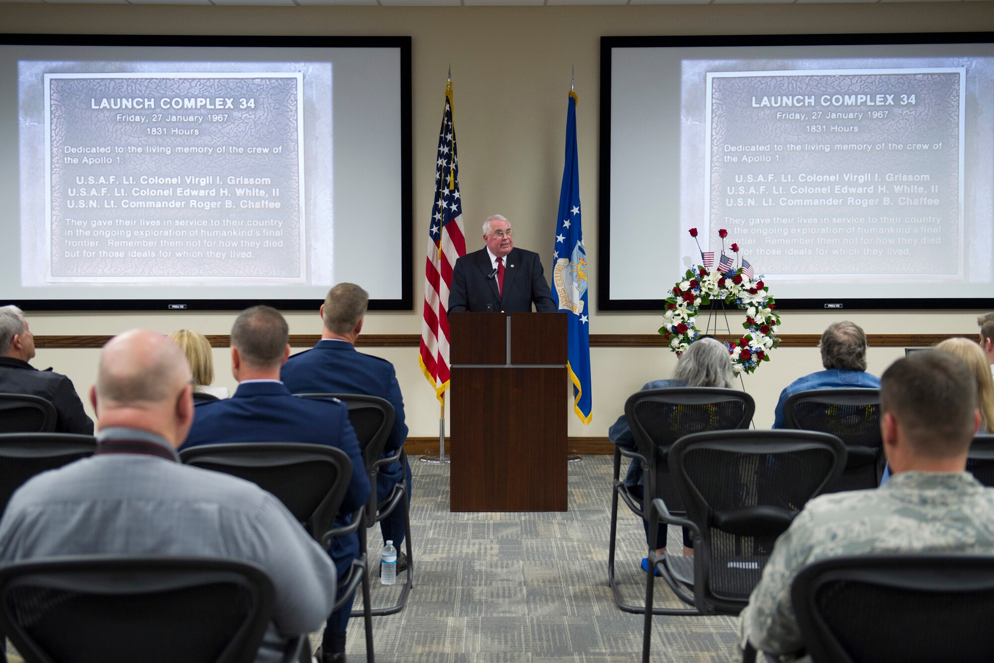 The 45th Space Wing hosted a memorial ceremony honoring the 49th anniversary of the Apollo 1 tragedy Jan. 27, at Cape Canaveral Air Force Station, Fla. The memorial honored crew members, Lt. Col. Virgil I. Gus Grissom, command pilot, Lt. Col. Edward H. White II, senior pilot, and Lt. Commander, Roger B. Chaffee, pilot, who were killed by a flash fire during a launch pad test of their Saturn 1B rocket, Jan. 27, 1967. The memorial ceremony is traditionally held at Space Launch Complex 34, where the accident occurred, but was held indoors due to inclement weather. (U.S. Air Force photo/Matthew Jurgens) (Released) 