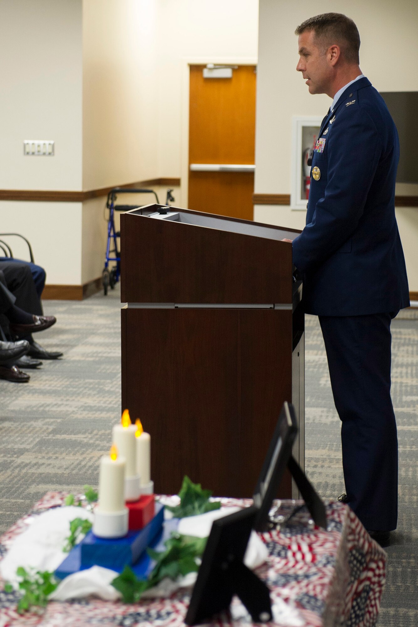 The 45th Space Wing hosted a memorial ceremony honoring the 49th anniversary of the Apollo 1 tragedy Jan. 27, at Cape Canaveral Air Force Station, Fla. The memorial honored crew members, Lt. Col. Virgil I. Gus Grissom, command pilot, Lt. Col. Edward H. White II, senior pilot, and Lt. Commander, Roger B. Chaffee, pilot, who were killed by a flash fire during a launch pad test of their Saturn 1B rocket, Jan. 27, 1967. The memorial ceremony is traditionally held at Space Launch Complex 34, where the accident occurred, but was held indoors due to inclement weather. (U.S. Air Force photo/Matthew Jurgens) (Released) 
