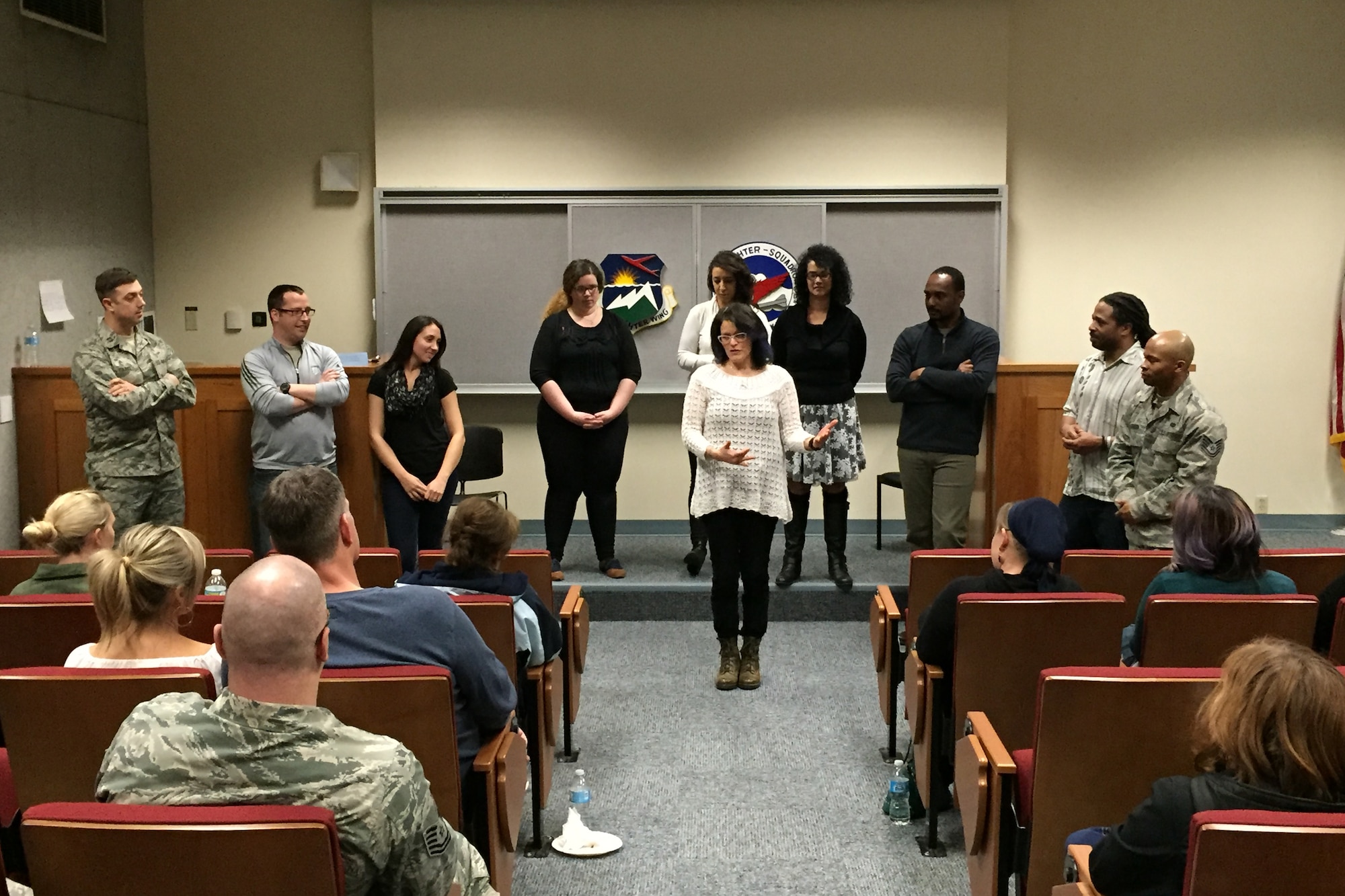 The 142nd Fighter Wing Diversity and Inclusion Council host an Improv Comedy Show at the Portland Air National Guard Base, Ore., Jan. 9, 2016.  The B.B.P.D. Professional Improv Group entertained the members of the 142nd Fighter Wing and their families as part of the new Comprehensive Airman Fitness program, focusing on the mental, physical, social, and spiritual needs of our Airmen.  (U.S. Air National Guard photo by Master Sgt. Shelly Davison, 142nd Fighter Wing Public Affairs)