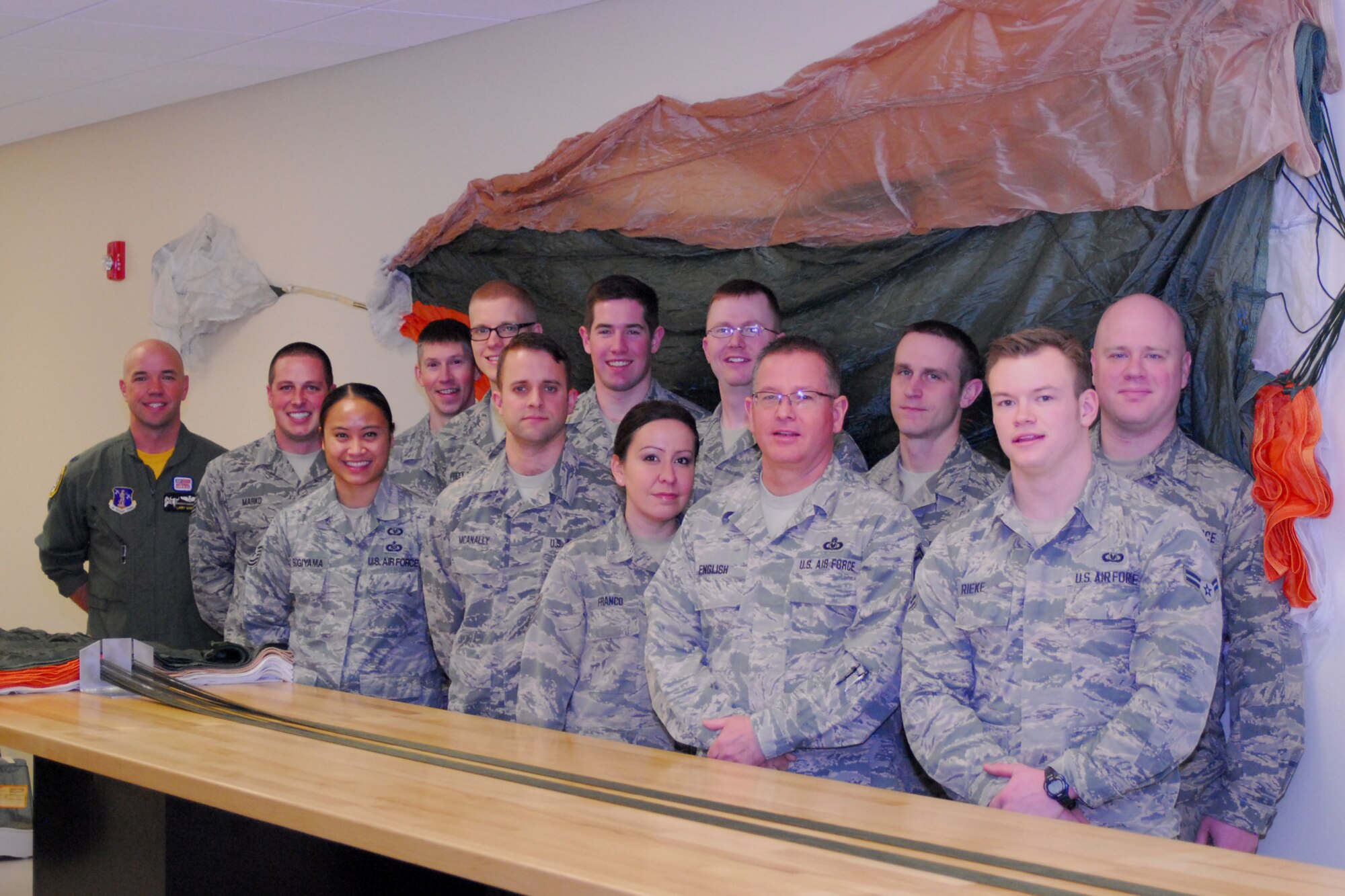 120th Operations Support Squadron Commander Lt. Col. Larry Gardner stands with the 120th Airlift Wing’s Aircrew Flight Equipment shop. The AFE shop won AFE shop of the year for 2015 beating out 84 other units. (U.S. Air National Guard photo by Staff Sgt. Lindsey Soulsby/Released)