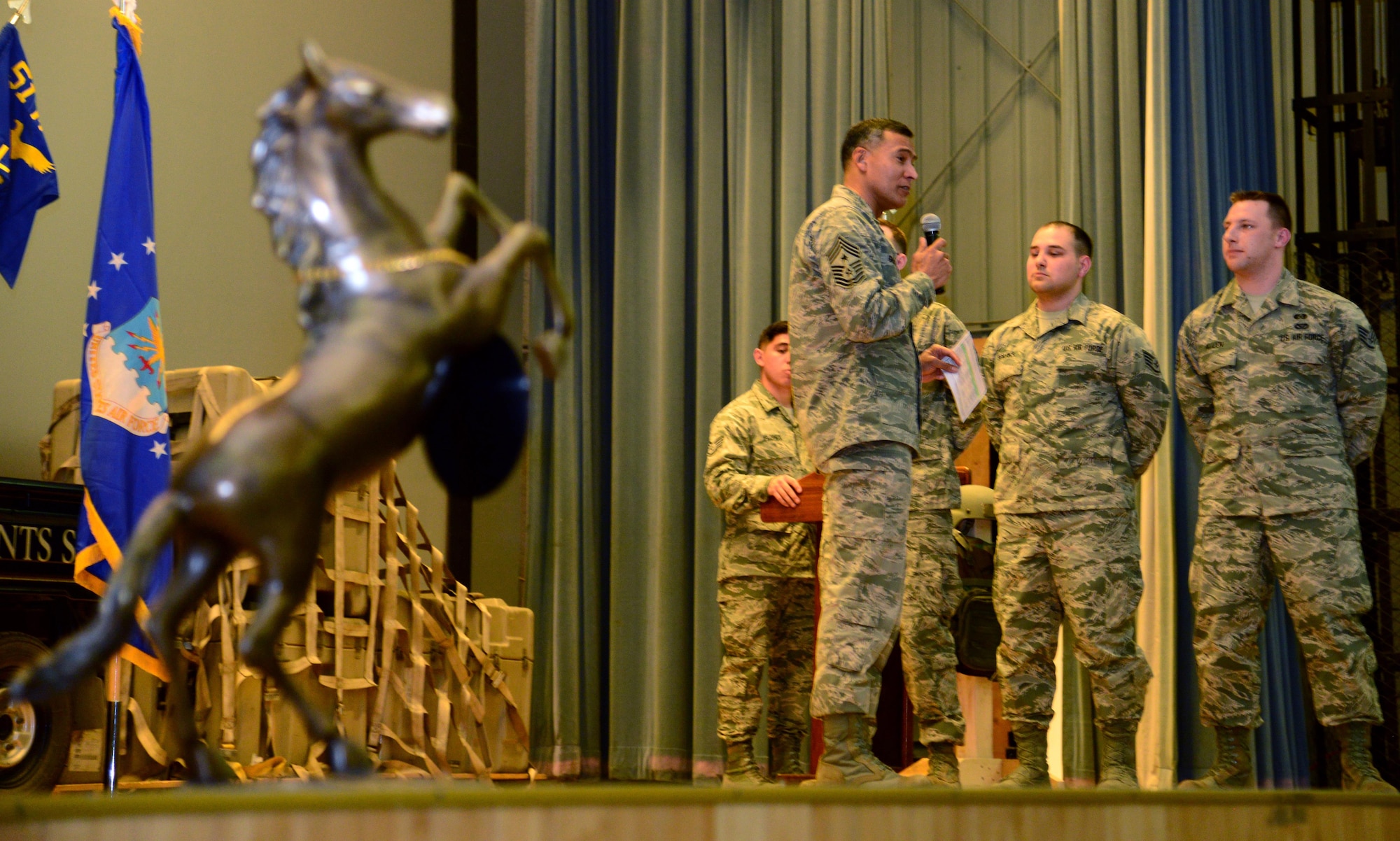 Chief Master Sgt. Terrence Greene, 51st Fighter Wing command chief, speaks with Airmen during a promotion ceremony March 31, 2015.(U.S. Air Force photo by Staff Sgt. Amber Grimm/Released