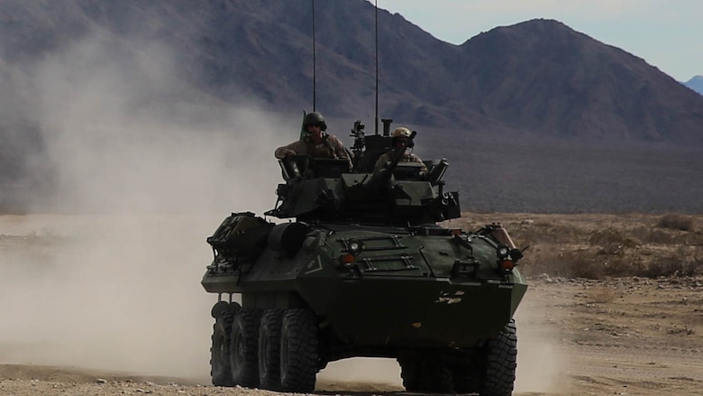 A light armored vehicle takes position for a live-fire gunnery qualification test at Marine Corps Air Ground Combat Center Twentynine Palms,California, Jan. 22, 2016. Live-fire tests like these allow the Marines of 1st Light Armored Reconnaissance Battalion, 1st Marine Division, I Marine Expeditionary Force to train for how they will execute their mission when they are deployed in a combat zone. 