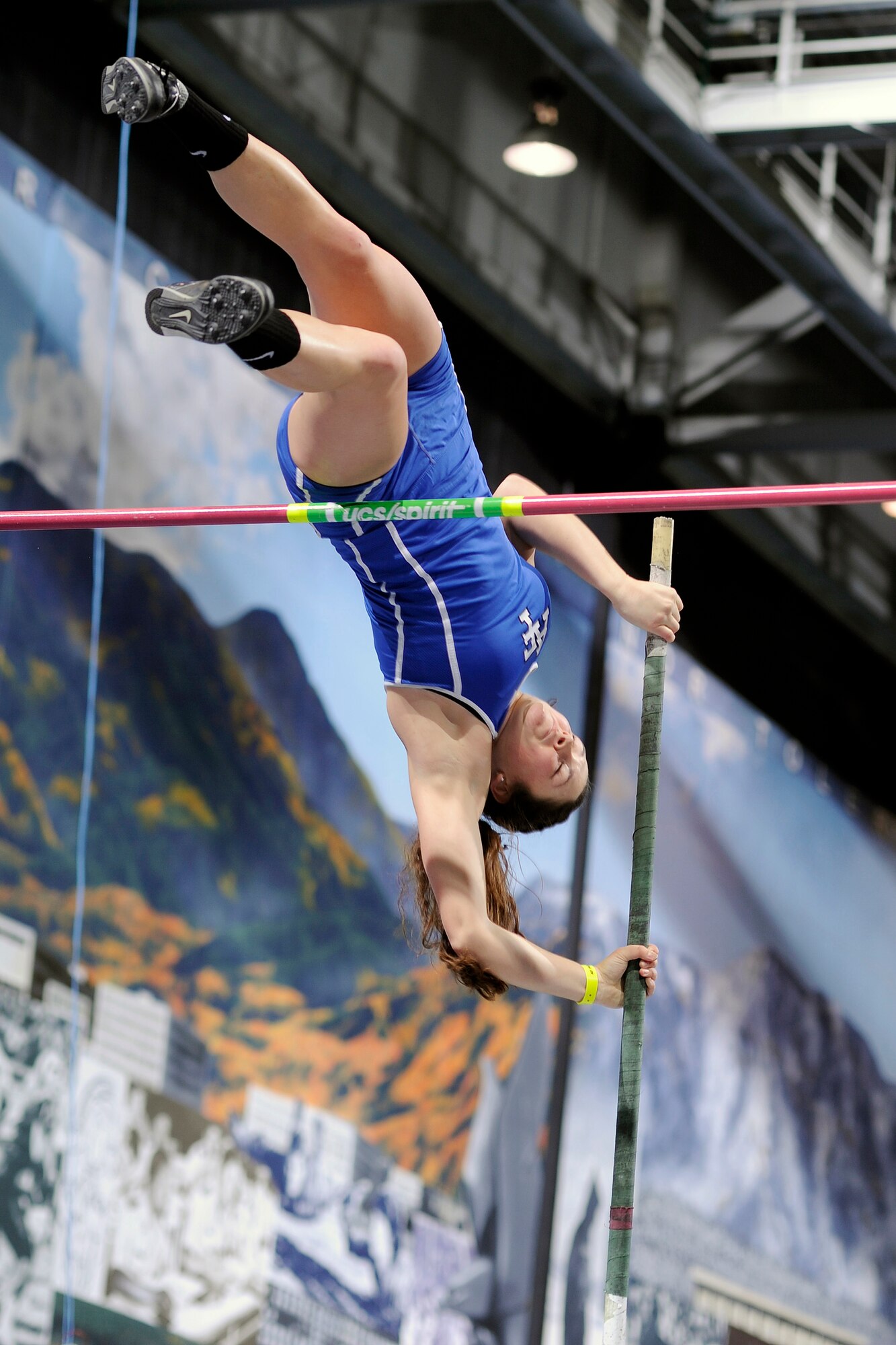 Jerni Self, a freshman, competes in the pole vault competition at the U.S. Air Force Academy’s 26th annual Air Force Invitational Track and Field meet at the Academy's Cadet Field House in Colorado Springs, Colo., Jan. 22, 2016. Self placed third with a vault of 11 feet 5 ¾ inches. (U.S. Air Force photo/Bill Evans) 