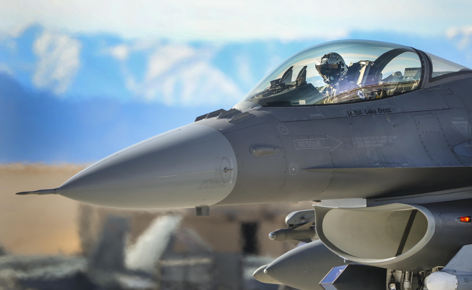 An F-16 Fighting Falcon pilot prepares for takeoff during Red Flag 16-1 at Nellis Air Force Base, Nev., Jan. 25, 2016. Red Flag is a realistic combat exercise involving U.S. and allied air forces conducting training operations on the 15,000 square mile Nevada Test and Training Range. (U.S. Air Force photo/Airman 1st Class Kevin Tanenbaum) 
