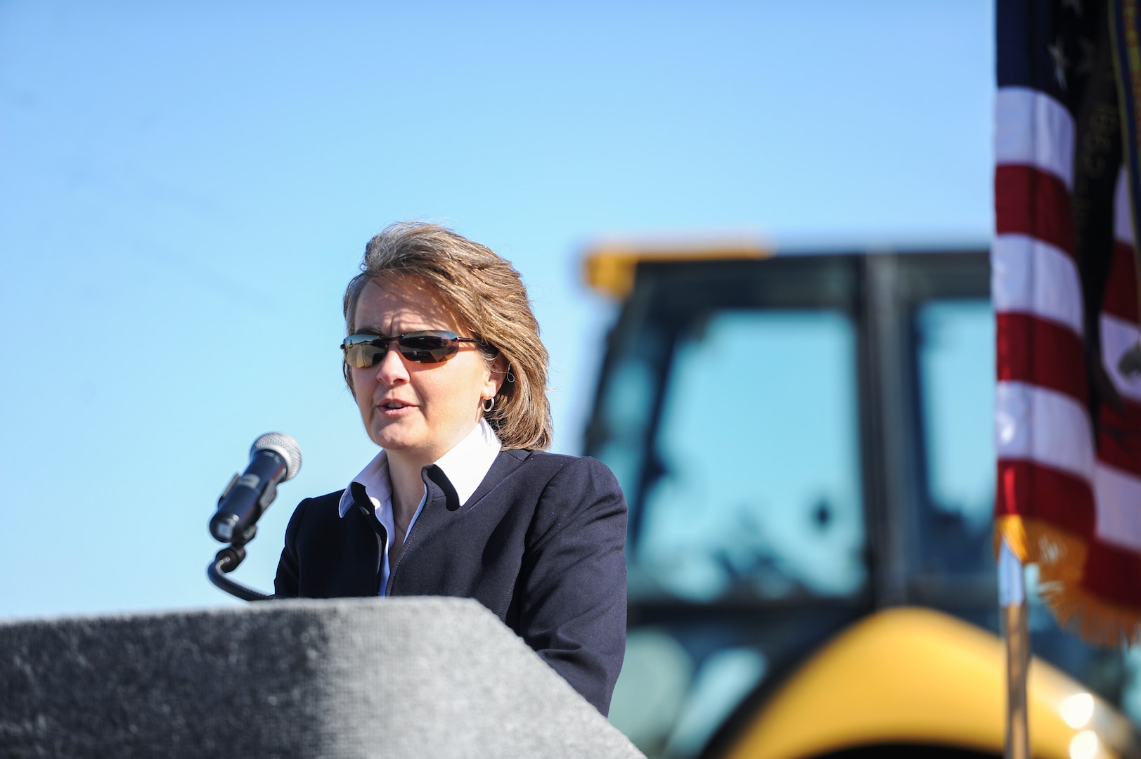 Defense Logistics Agency Energy Installation Energy Director Pam Griffith, second from far left, and other stakeholders break ground on the Army’s first-ever hybrid solar and wind energy project at Fort Hood, Texas, Jan. 28. DLA Energy supported the Army’s renewable energy goals through a contract awarded Jan. 15. 