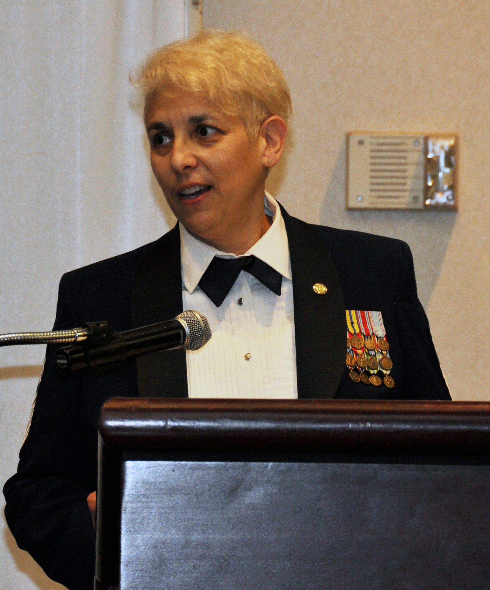 Retired Chief Master Sgt. Sandra Santos was the guest speaker as members of the 349th Air Mobility Wing gathered to celebrate stand-out performers during a “Roaring Twenties” themed Annual Awards Banquet, January 23, 2016. The event, held at the Delta Breeze Club, honored a key spouse as well as civilian and military members from different units and ranks who went above and beyond during 2015. (U.S. Air Force photo/Staff Sgt. Cindy G. Alejandrez)