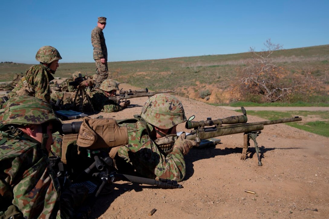 Japan Ground Self-Defense Force soldiers fire at targets at an unknown distance range aboard Marine Corps Base Camp Pendleton, Calif., Jan. 28, 2016. The JGSDF soldiers were training with instructors from 1st Marine Divisions Pre-Scout Sniper Course as a part of Exercise Iron Fist, an annual bilateral training exercise designed to improve the U.S. and Japan’s bilateral amphibious operation capabilities.