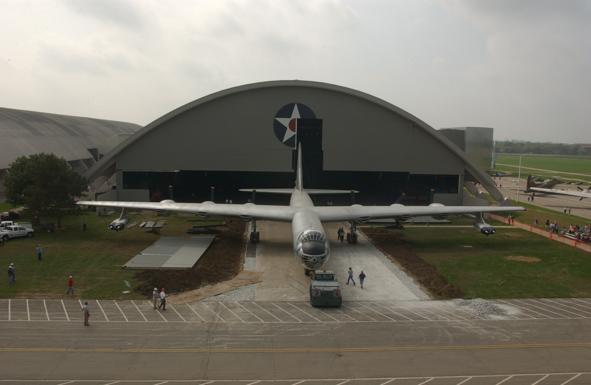 The Convair B-36J Peacemaker aircraft move from building one to building three in October, 2002 at the National Museum of the U.S. Air Force. (U.S. Air Force photo)