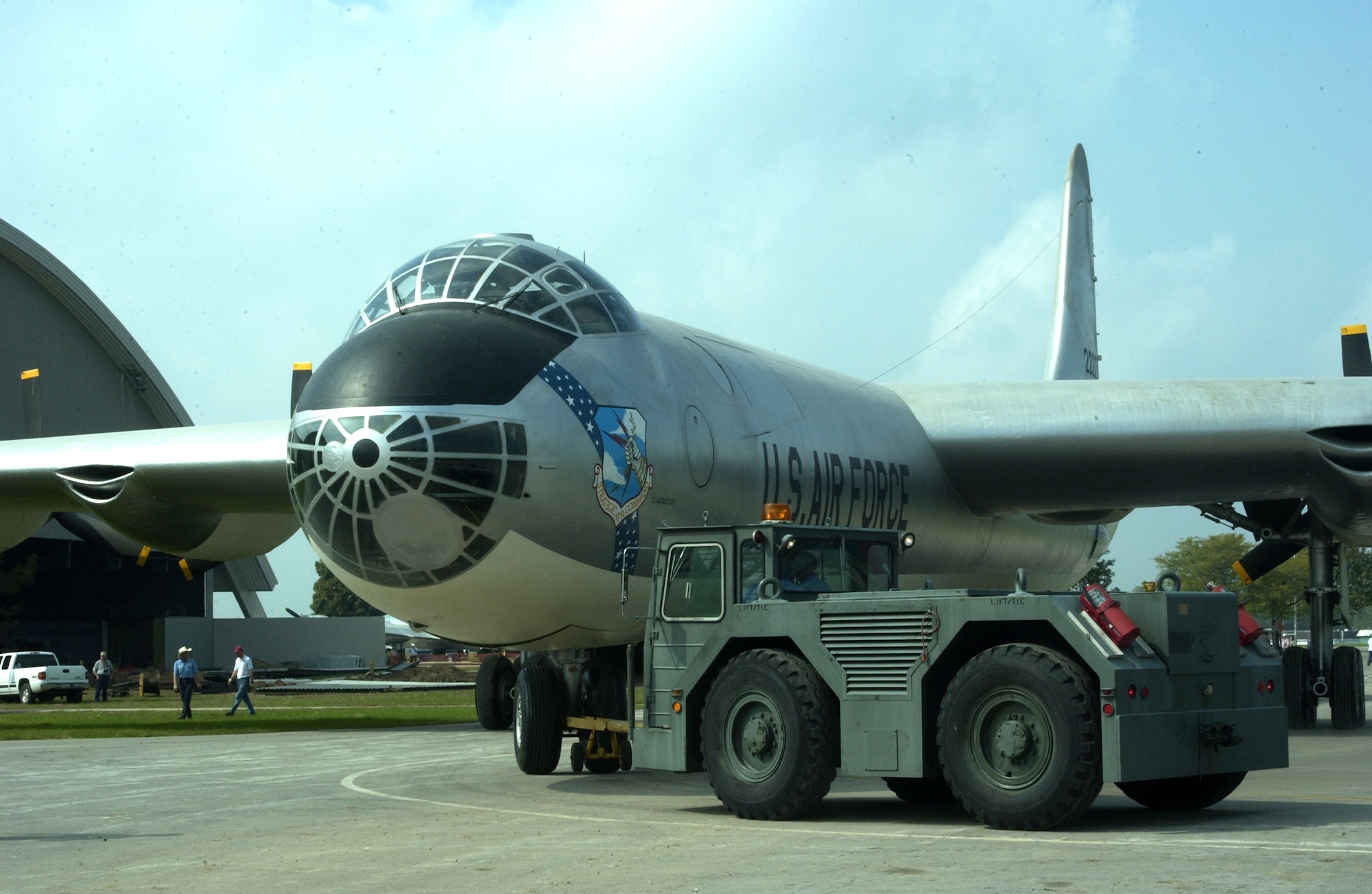 The Convair B-36J Peacemaker aircraft move from building one to building three in October, 2002 at the National Museum of the U.S. Air Force. (U.S. Air Force photo)