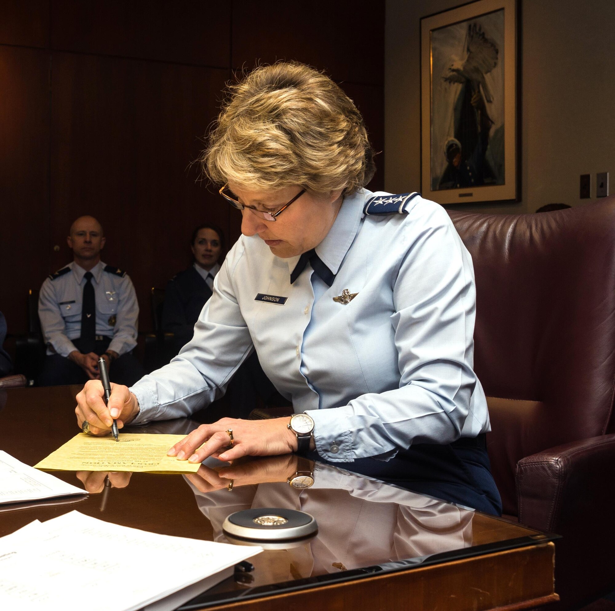 Air Force Academy Superintendent Lt Gen Michelle Johnson signs the Martin Luther King Jr Proclamation on Jan 13, 2016 in honor of Black History Month (Air Force photo/Liz Copan)