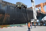 CHUK SAMET, Thailand-A humvee is offloaded from the Military Sealift Command’s Surge Sealift, Roll-on/Roll-off ship USNS MAJ Stephen W. Pless (T-AK 3007) here, Jan. 28. The Pless, carrying more than 470 items, is one of two MSC ships delivering equipment for Exercise Cobra Gold, one of the largest multilateral exercises in the Asia-Pacific region. The Pless is concurrently participating in Pacific Pathway 16-1, an operation that supports three exercises. 