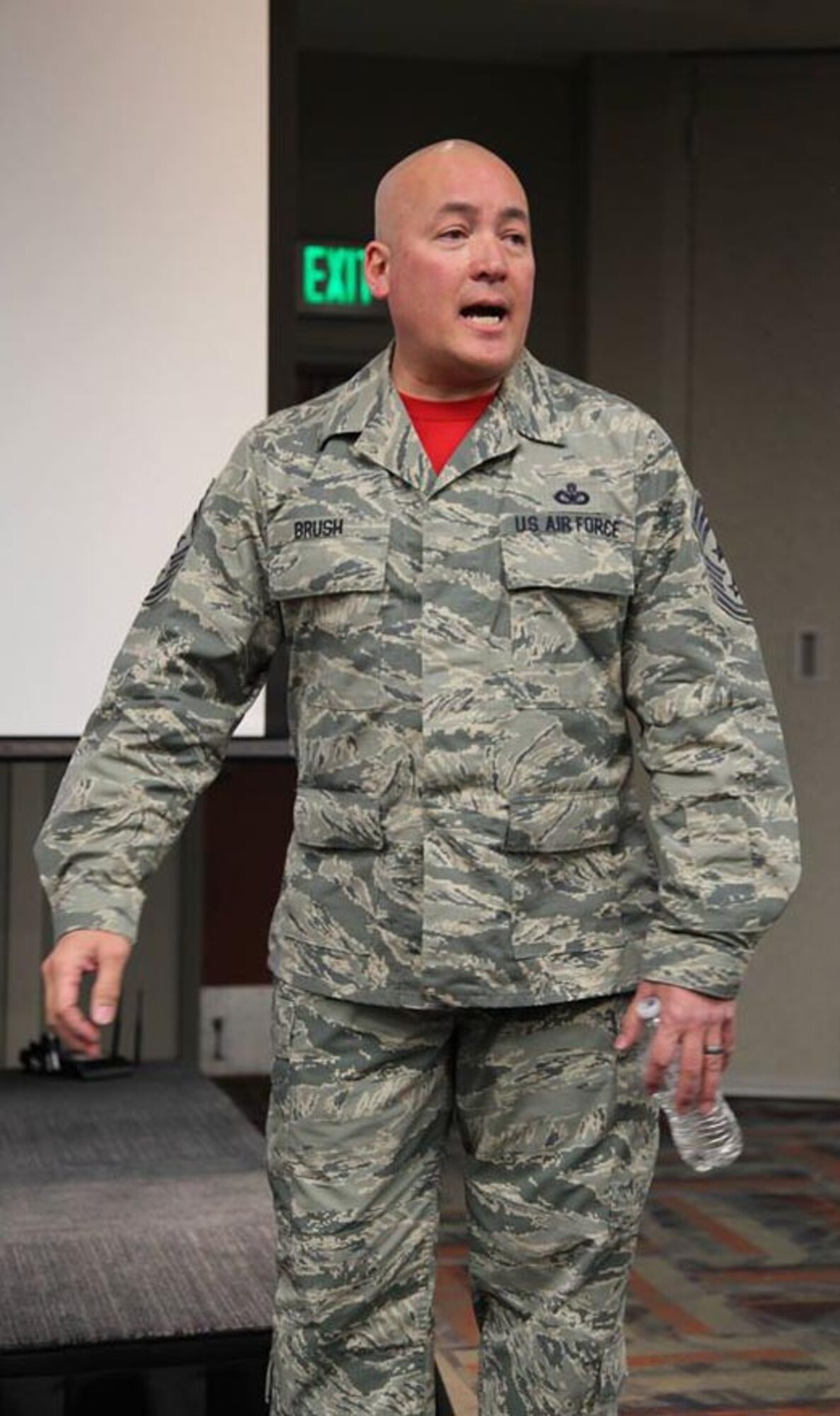 Chief Master Sgt. Mitchel Brush, senior enlisted leader to Gen. Frank Grass, Chief of the National Guard Bureau, speaks to service members during an enlisted call at the Air Reserve Personnel Center Jan. 29, 2016, on Buckley Air Force Base, Colo. (U.S. Air Force photo/Master Sgt. Richard Grybos)