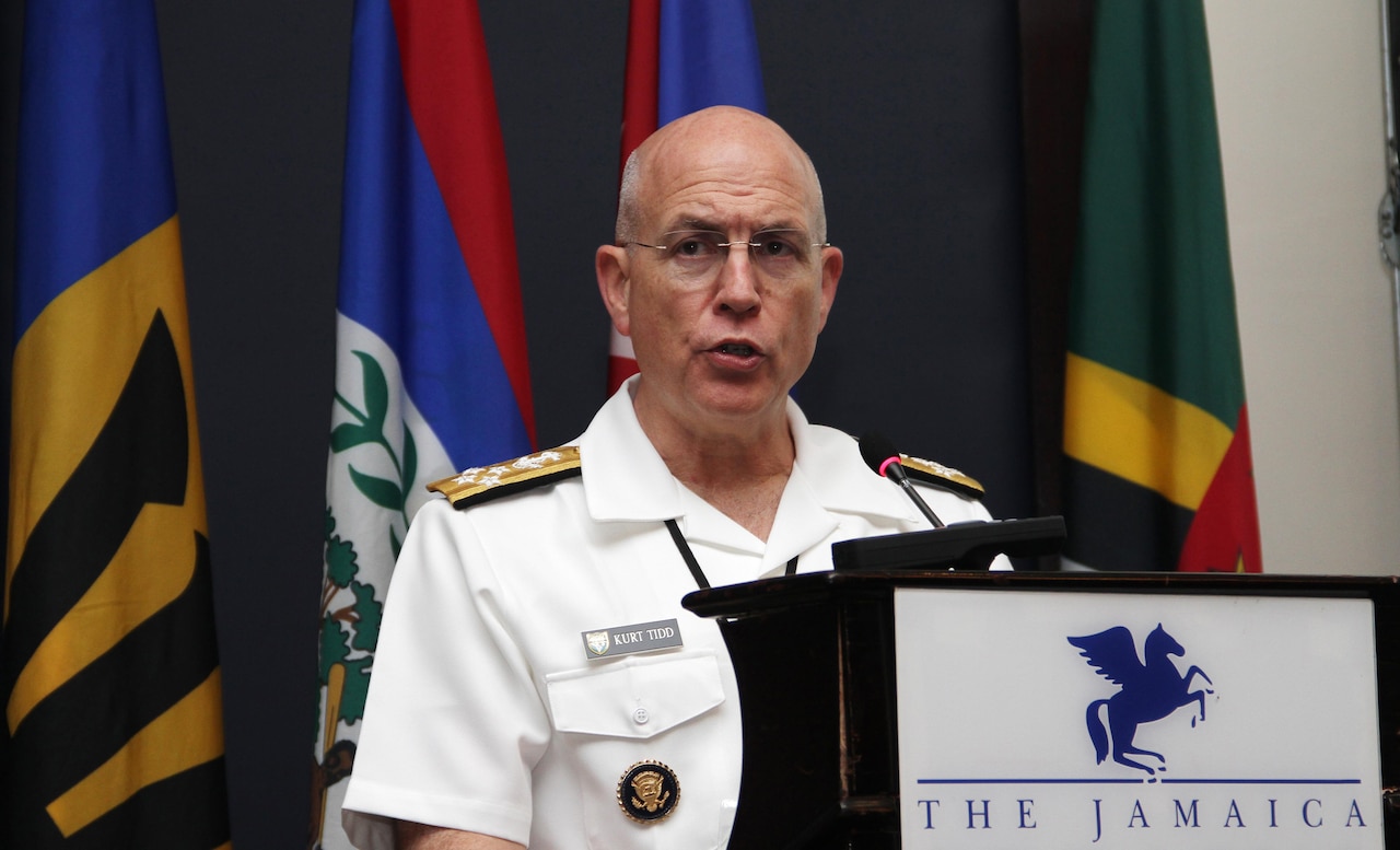 U.S. Navy Adm. Kurt Tidd, commander of U.S. Southern Command, speaks to attendees of the 14th Caribbean Nations Security Conference in Kingston, Jamaica, Jan. 27, 2016. More than 100 defense, public security and government leaders and experts from 18 nations attended the three-day event for talks on regional capacity and cooperation to counter regional threats. Army photo by Jose Ruiz
