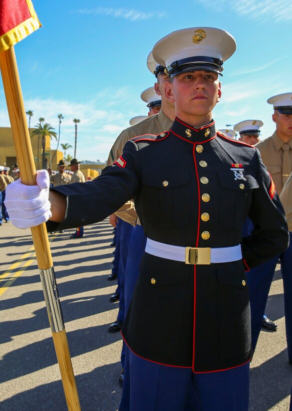 Private First Class Kevin C. Klass, Platoon 2130, Fox Company, 2nd Recruit Training Battalion, stands at parade rest prior to graduation at Marine Corps Recruit Depot San Diego, Jan. 29. Klass is a Minnetonka, Minn., native and was recruited out of Recruiting Station Minneapolis. Annually, more than 17,000 males recruited from the Western Recruiting Region are trained at MCRD San Diego.