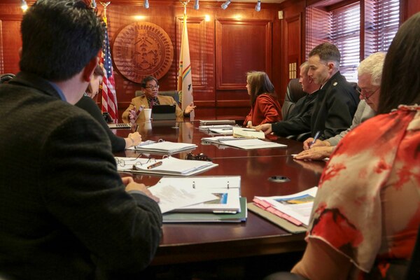 Navajo Nation President Russell Begaye (center) meets Assistant Secretary of the Army for Civil Works Jo-Ellen Darcy, U.S. Army Corps of Engineers Los Angeles District Commander Col. Kirk Gibbs and Albuquerque District Commander Lt. Col. Patrick Dagon Jan. 27 in Window Rock, Arizona. Darcy, at the invitation of Navajo Nation Council Delegate Walter Phelps, later addressed the 2016 Winter Council Session of the Navajo Nation Council.